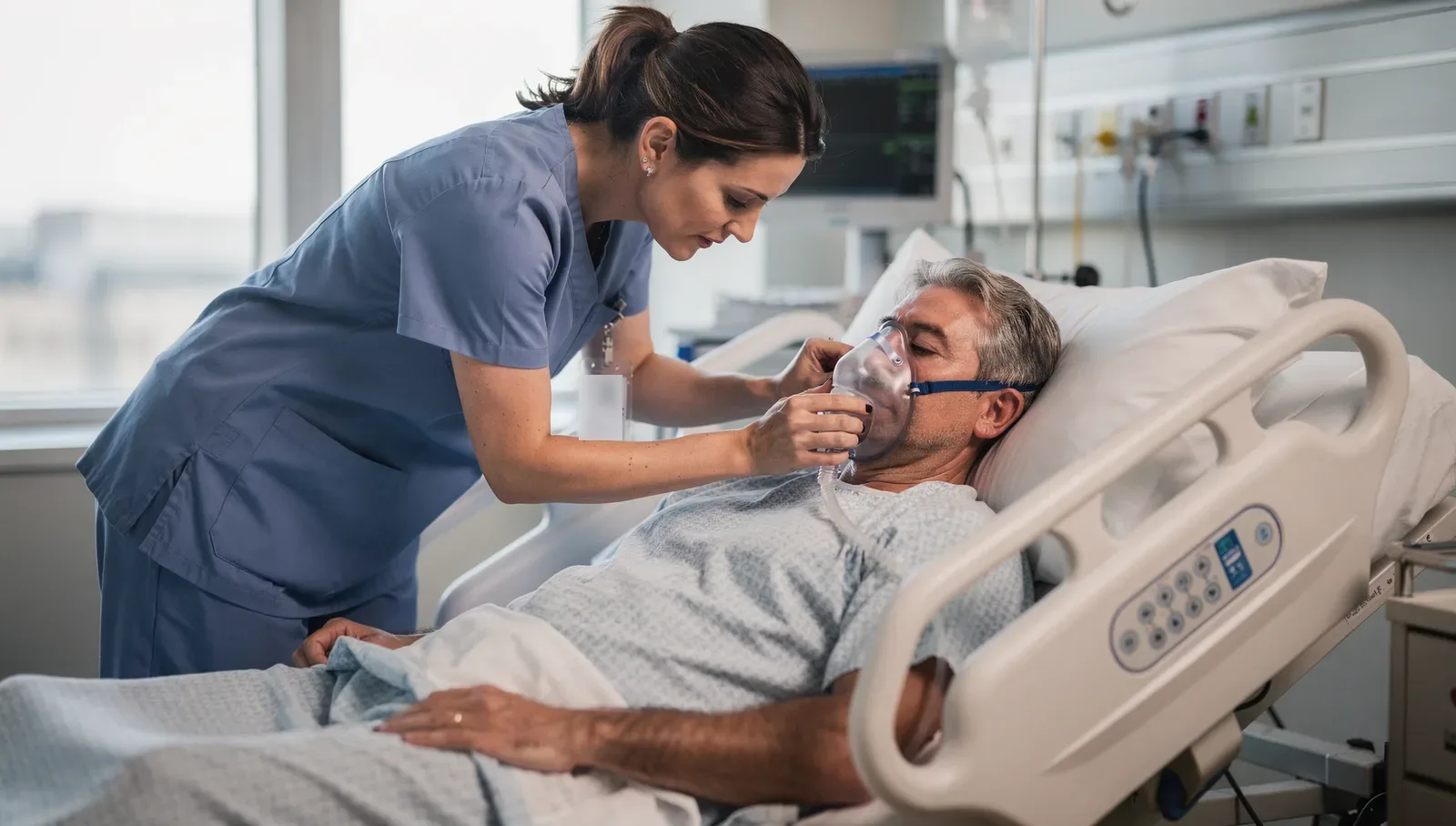 An ICU nurse leaning in at the bedside during a rapid response, adjusting the oxygen mask on a patient in respiratory distress, with vital-signs monitors behind.