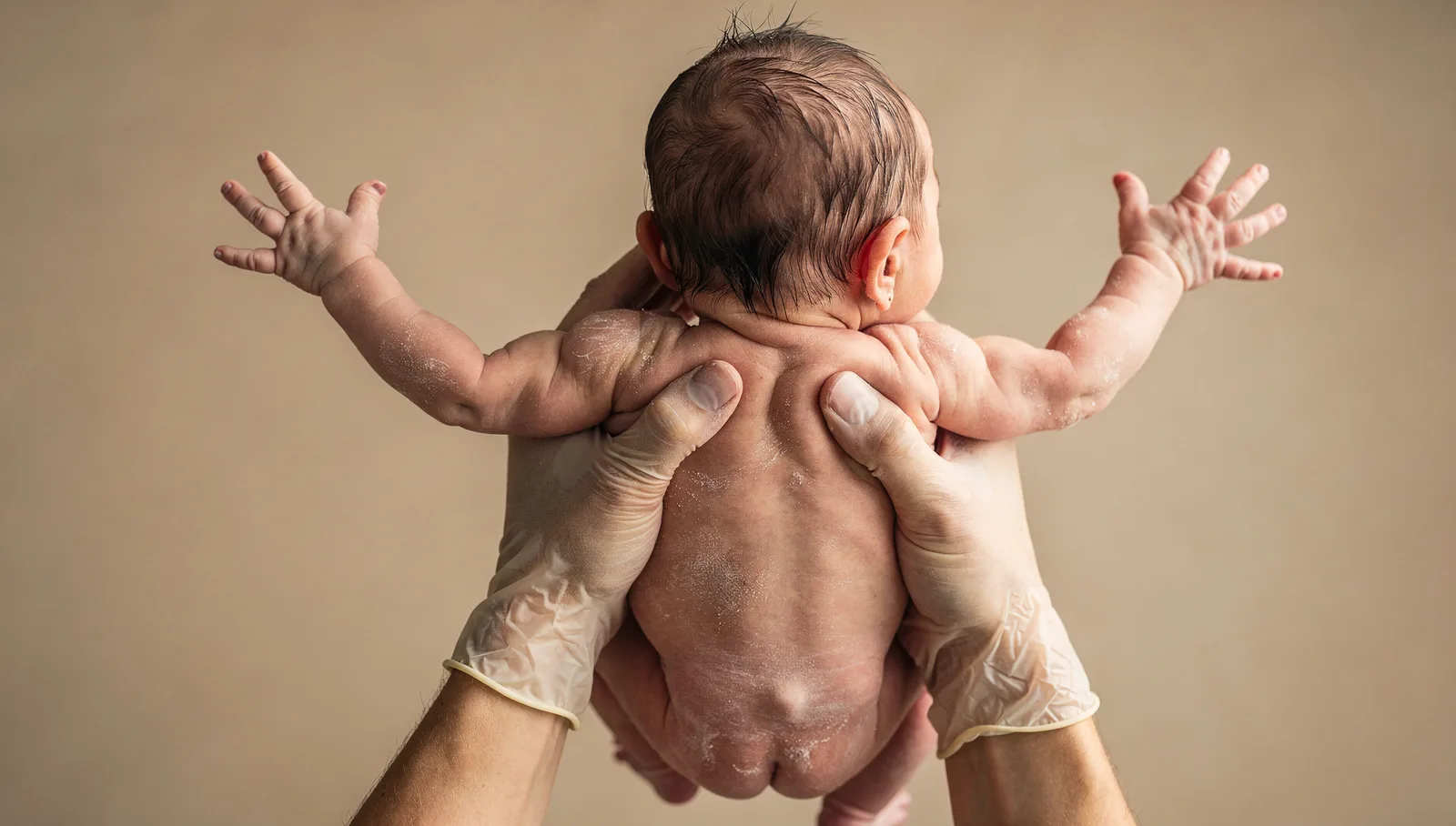 A newborn baby held in gloved hands immediately after birth, arms flung wide, seen from above and slightly behind the head so the face is turned away