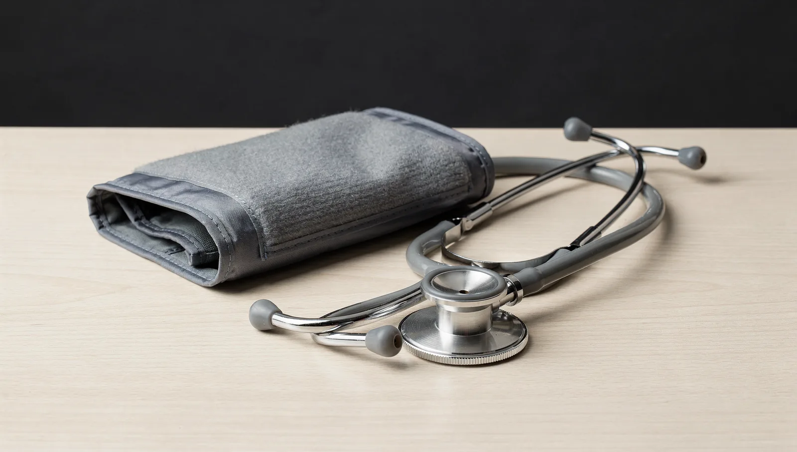 A blood pressure cuff and a stethoscope arranged on a pale wooden surface against a dark background