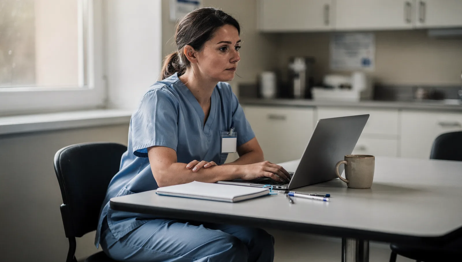 A nurse in scrubs sitting at a break-room table with a laptop, notebook, and coffee mug, looking thoughtfully to one side.