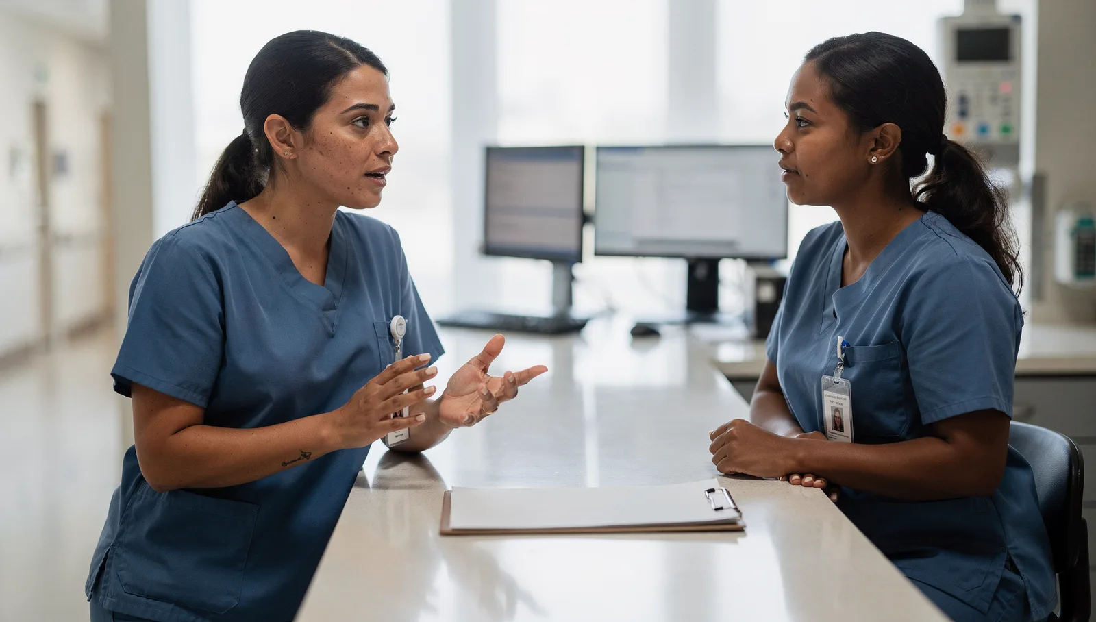 Two nurses in blue scrubs facing each other across a counter in conversation, one gesturing while explaining, workstation monitors in the background.