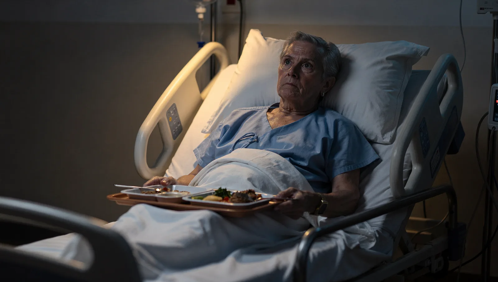 An older patient propped up in a hospital bed in the middle of the night, wide awake and staring at nothing, a completely untouched meal tray across their lap, the room dark except for one dim overbed light