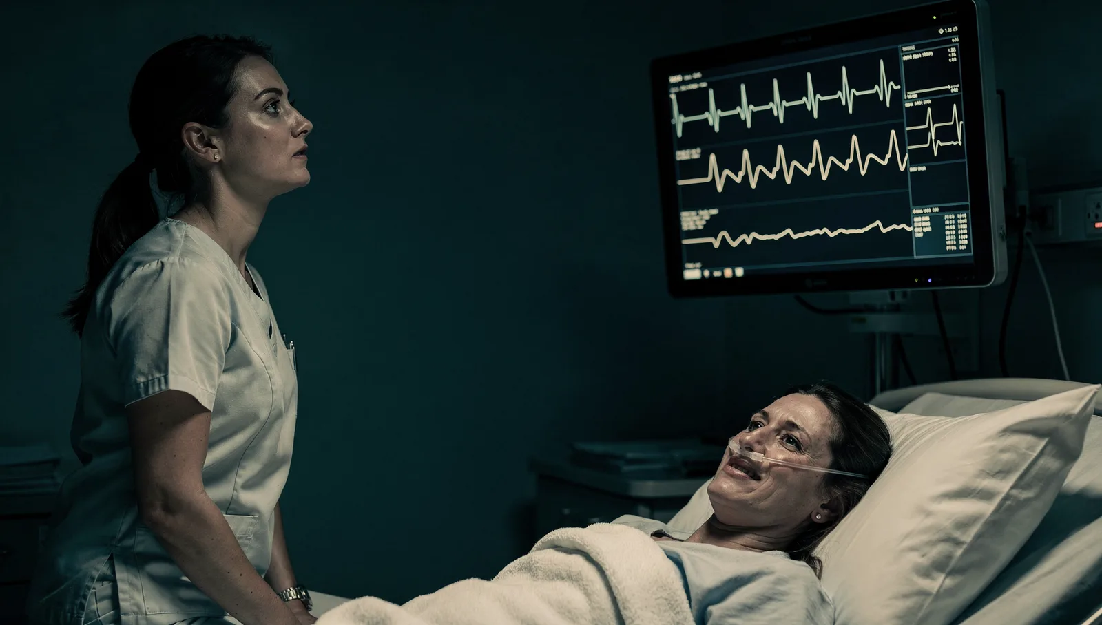 A nurse in scrubs standing at a bedside at night looking up sharply at a telemetry monitor above the bed, its screen dark with bright traces running across it including a cardiac rhythm line, the patient below lying with a nasal oxygen cannula and grimacing slightly, the room lit by the glow of the screen