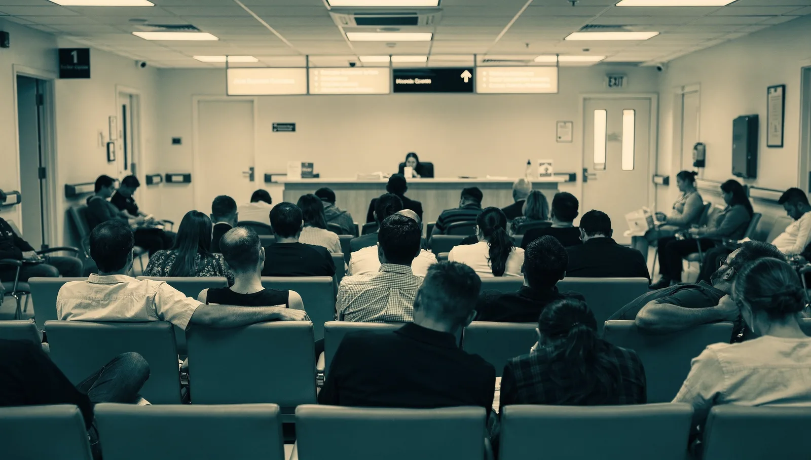 A packed emergency department waiting room seen from the back of the room, every armchair taken, people waiting with their heads down