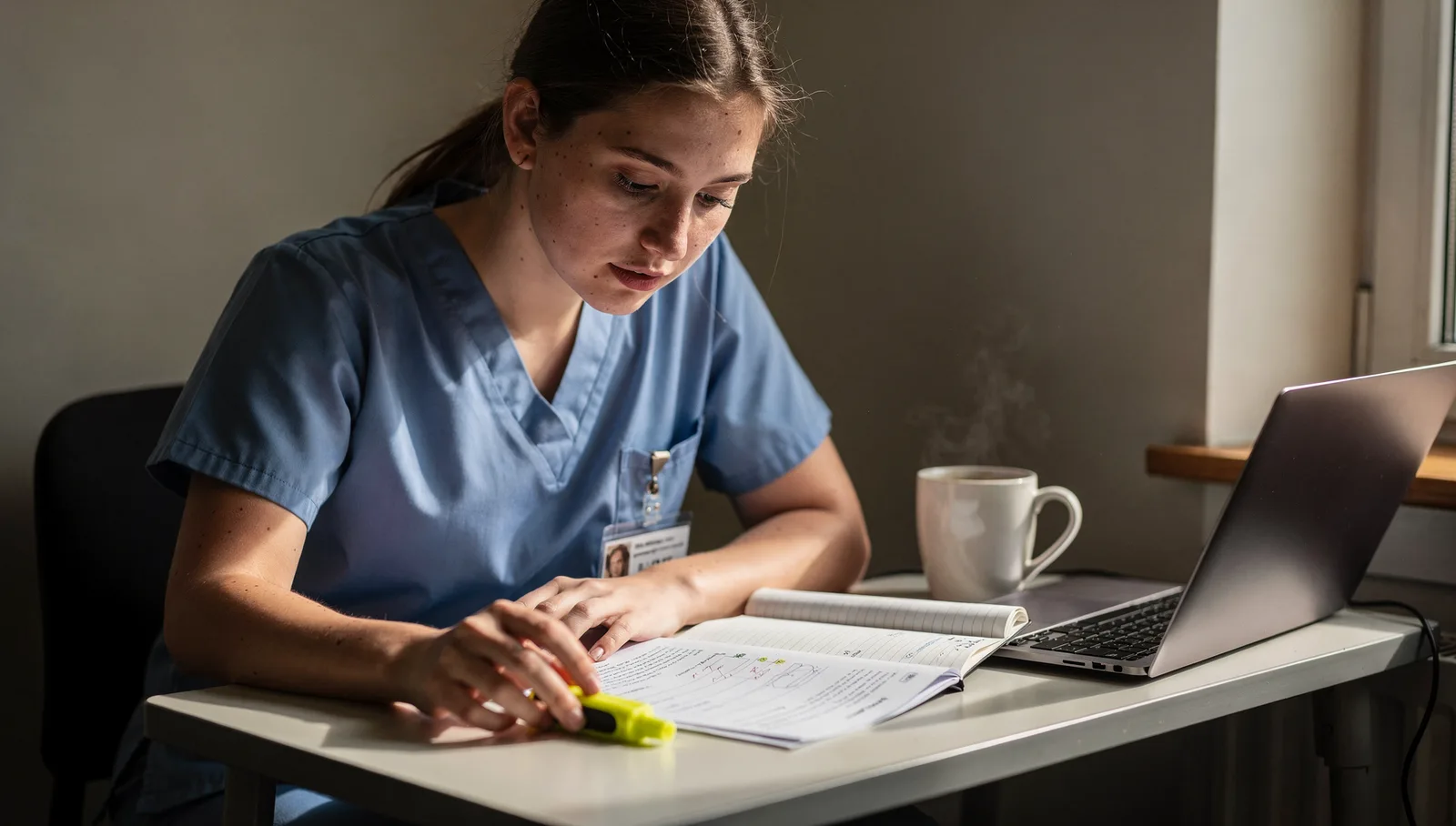 A nurse in scrubs at a desk highlighting a page in a study notebook, a steaming coffee mug and laptop beside them.