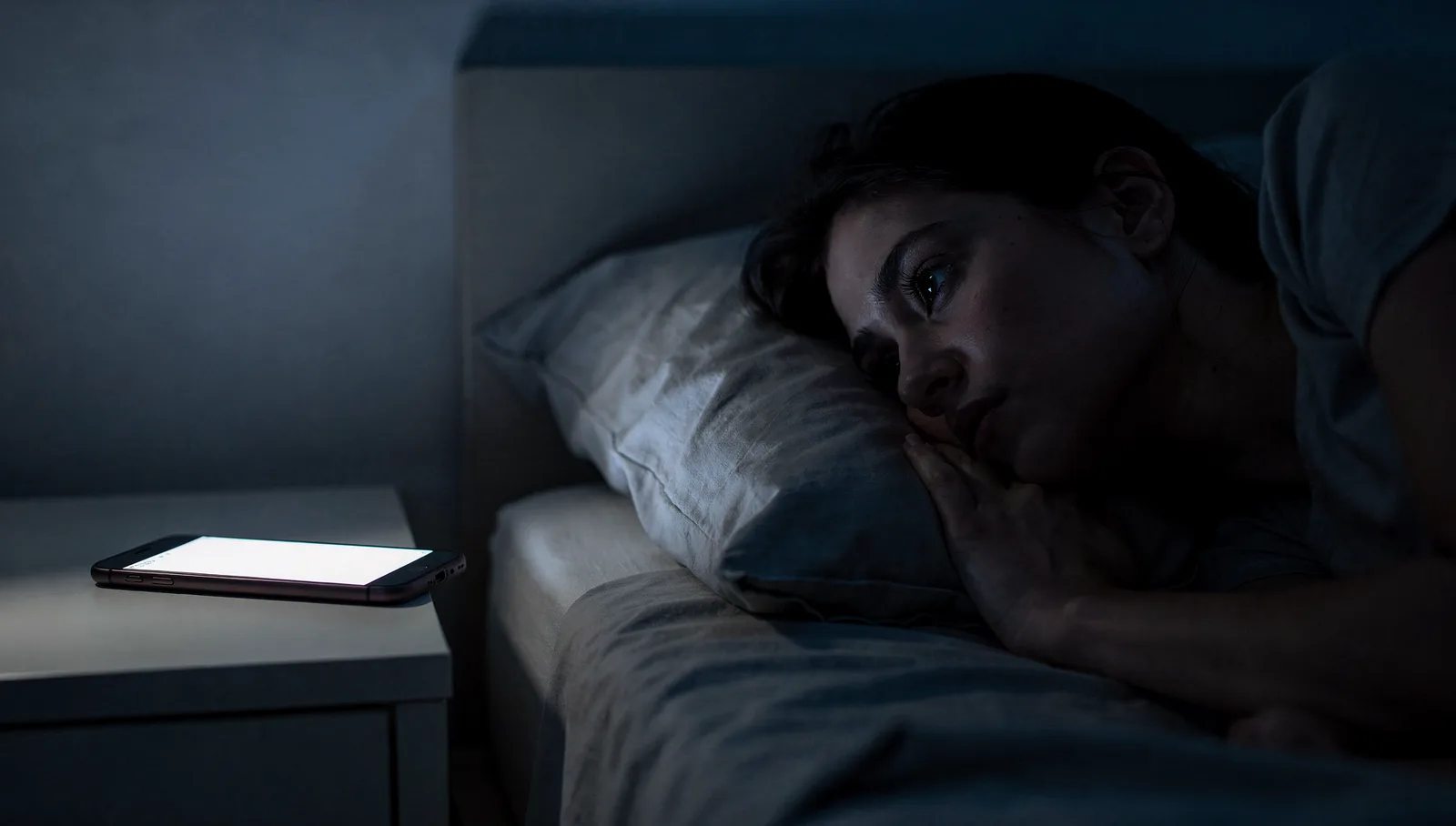 A person lying awake on their side in a dark bedroom in the middle of the night, eyes open, the room lit only by the faint glow of a phone face-down on the bedside table