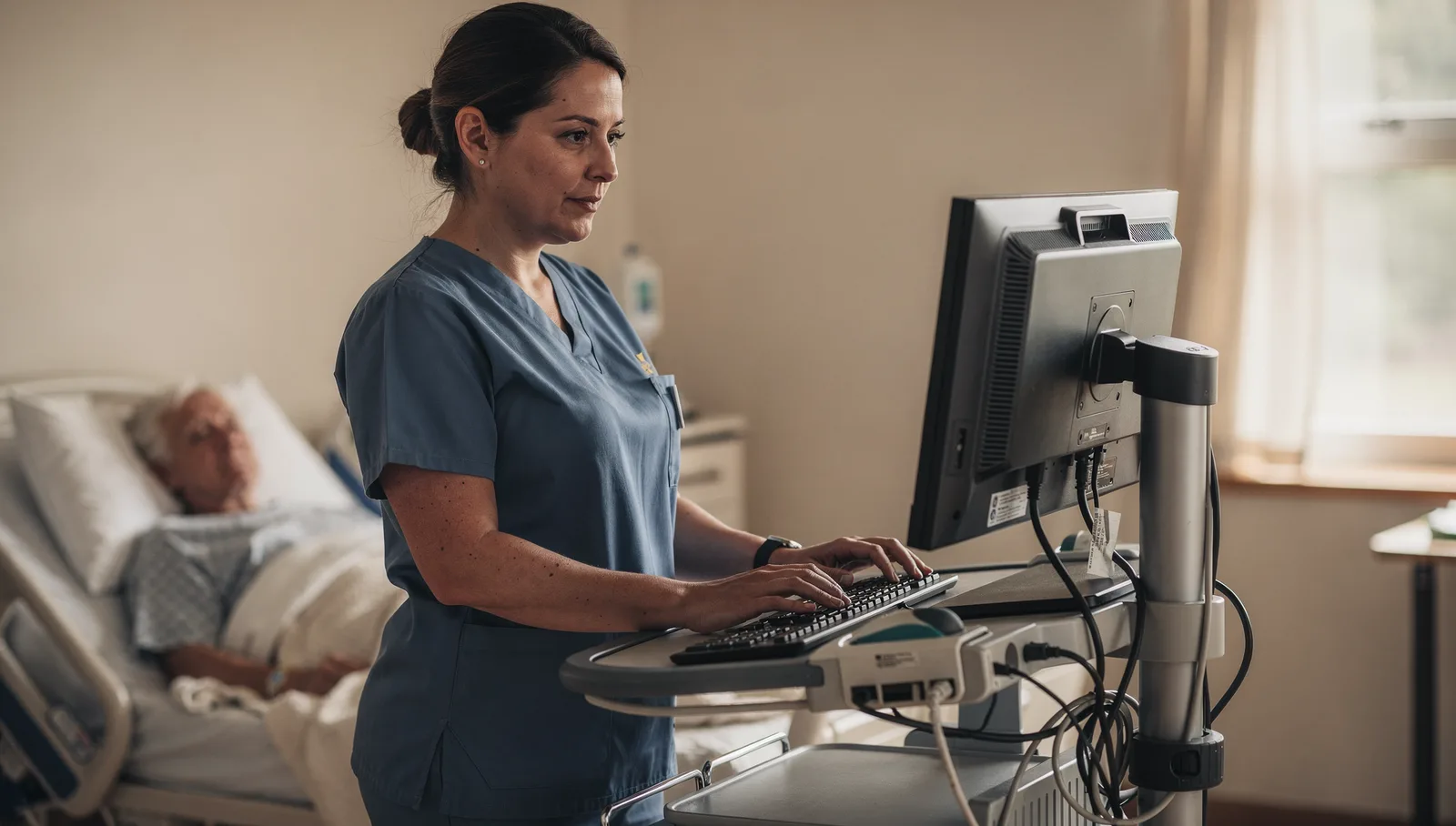 A nurse charting at a computer-on-wheels workstation beside a patient's hospital bed.