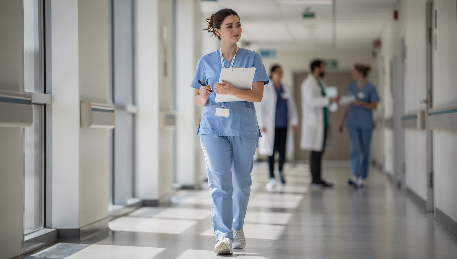 A nurse walking through a hospital corridor holding a clipboard, colleagues in the background.