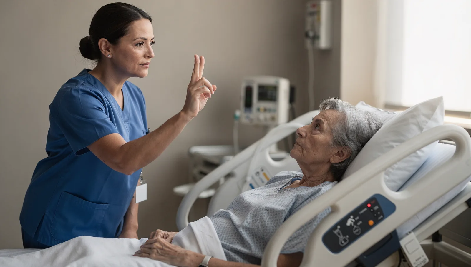 A nurse holding up two fingers in front of an alert patient during a bedside neurological assessment.
