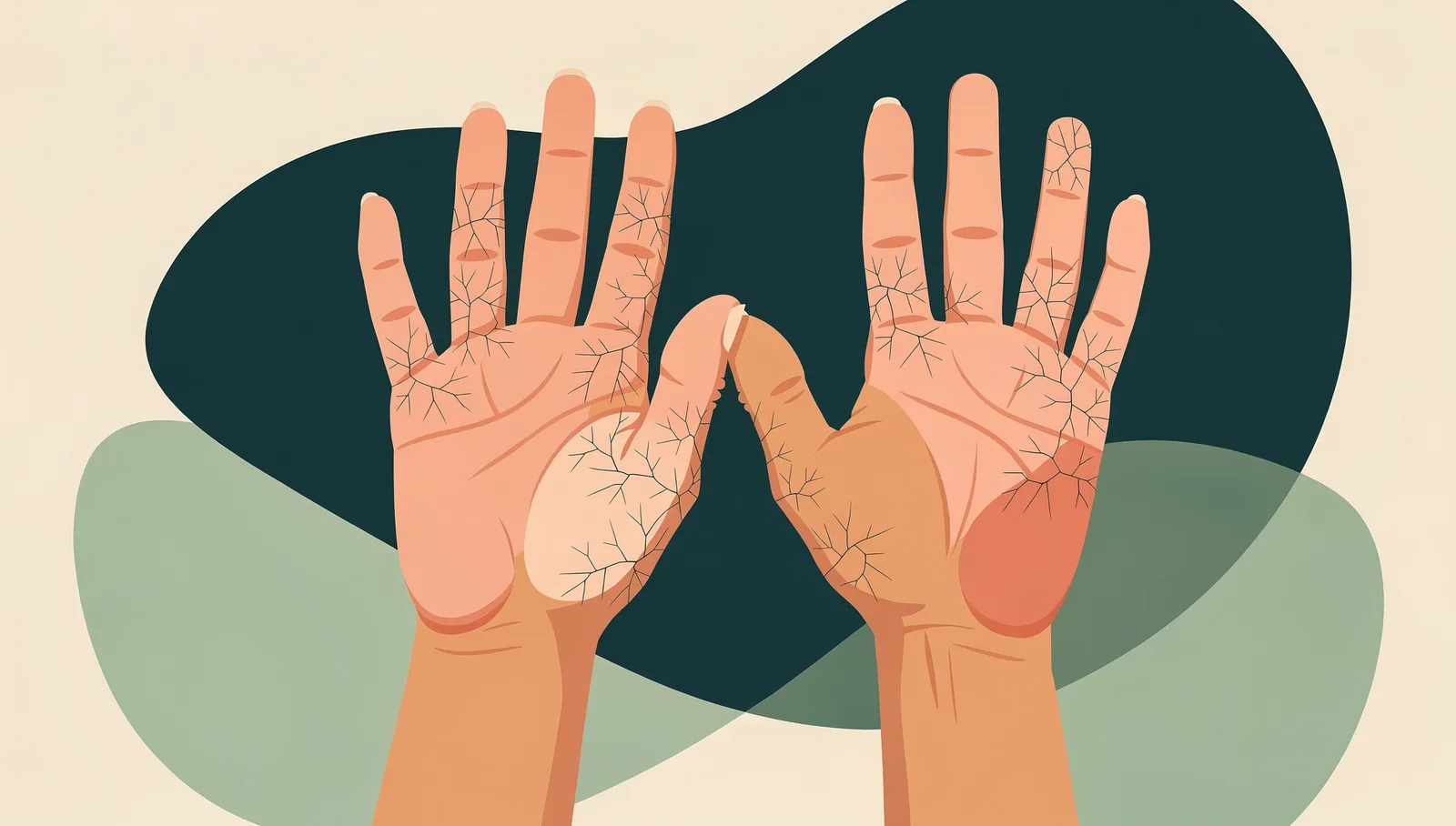 A flat illustration of both hands side by side seen from the back, filling the frame, with a network of fine hairline cracks across the knuckles and fingers in a slightly darker tone than the skin