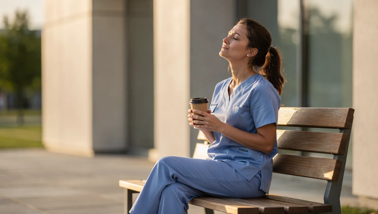 A nurse in scrubs sitting alone on a bench outside a building holding a takeaway cup, eyes closed, face tilted up toward the light