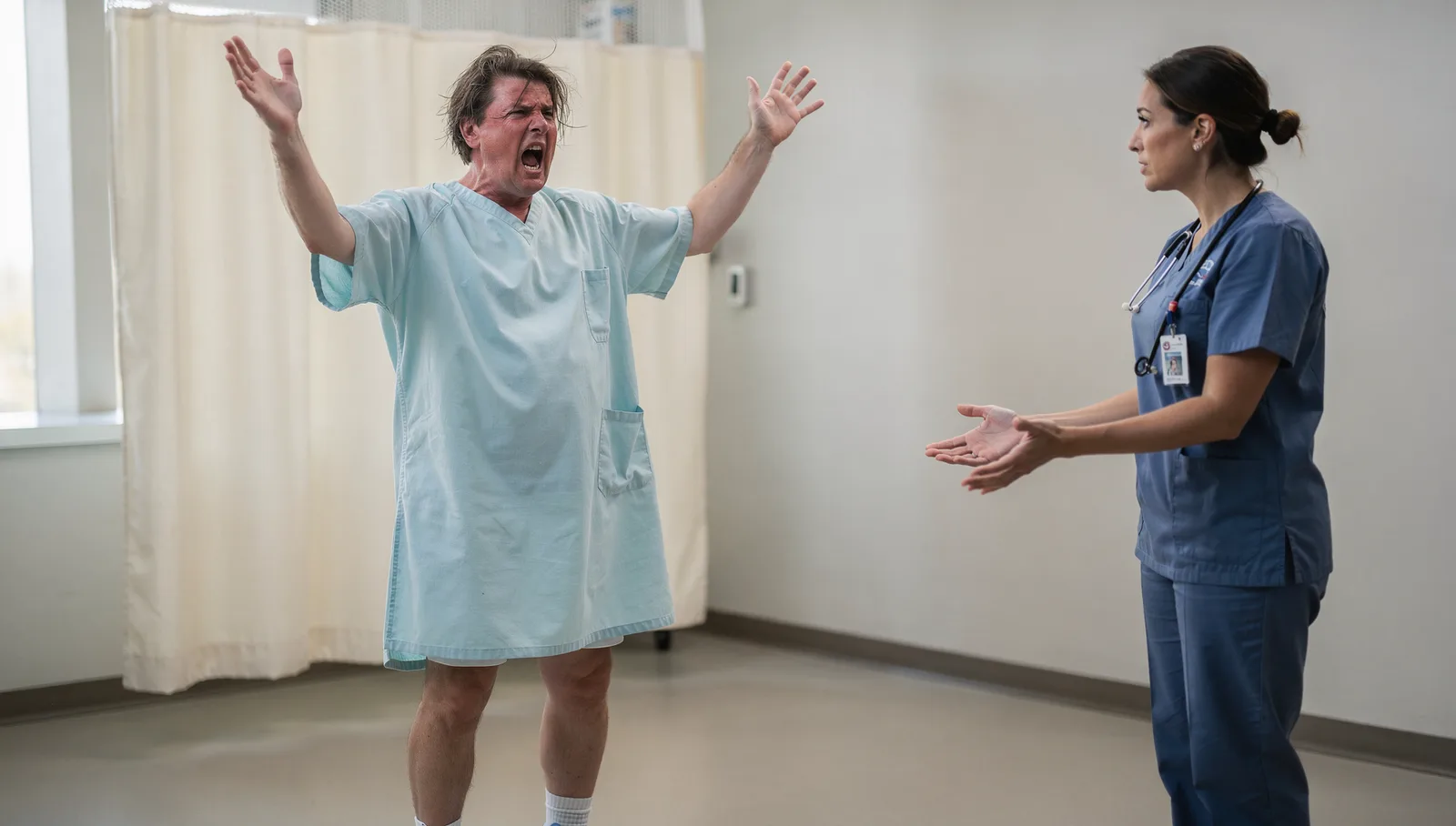 An angry patient in a gown standing and shouting with arms raised, a nurse several feet away with open empty hands held low
